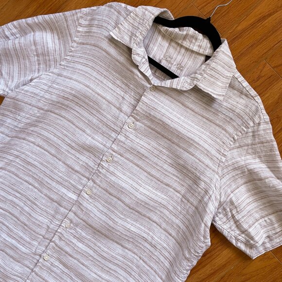 Tasso Elba Other - Tasso Elba • 100% Linen Beige White Stripe Button Up Short Sleeve Shirt • Size L